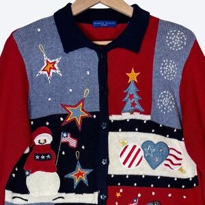 VTG Patchwork‎ Christmas Cardigan Sweater Womens M Snow Star Buttons Karen Scott
